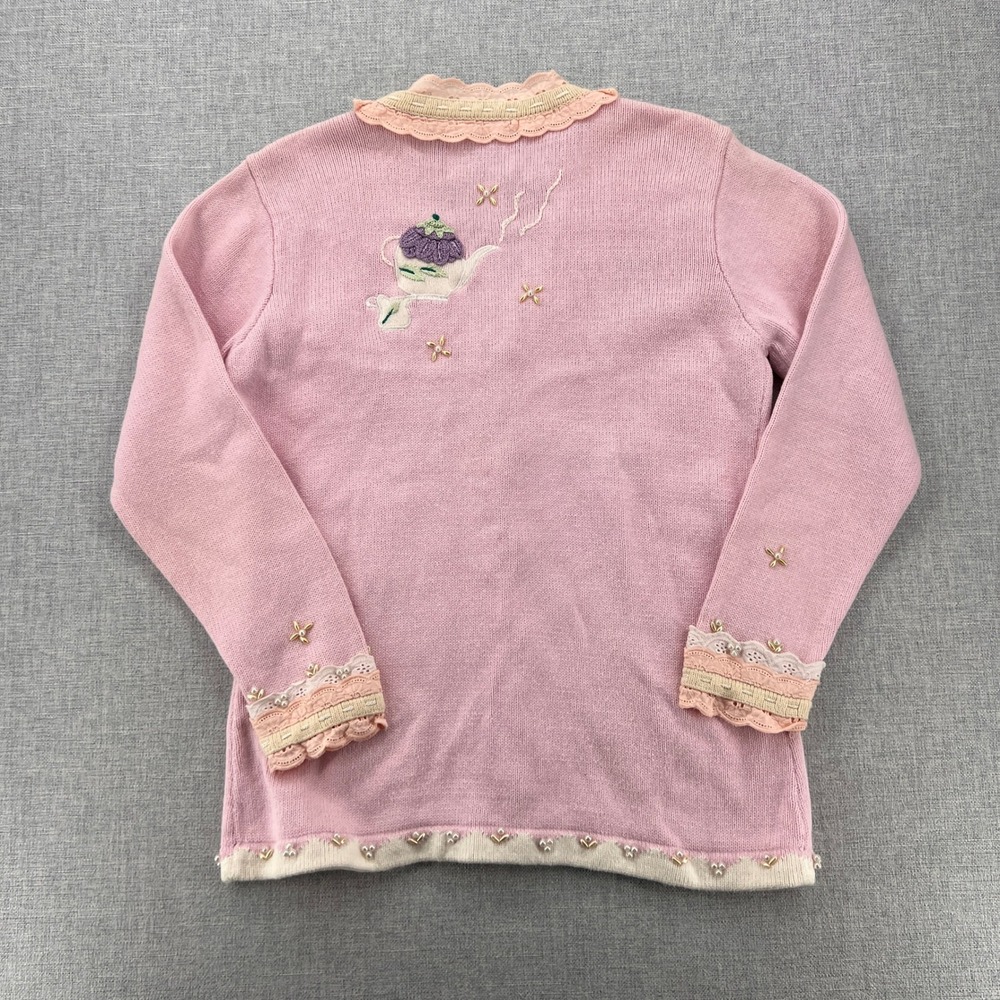 VTG Y2K Storybook Knits Tea Cardigan Sweater Women S Pink Embroidered Cottage - Picture 4 of 13